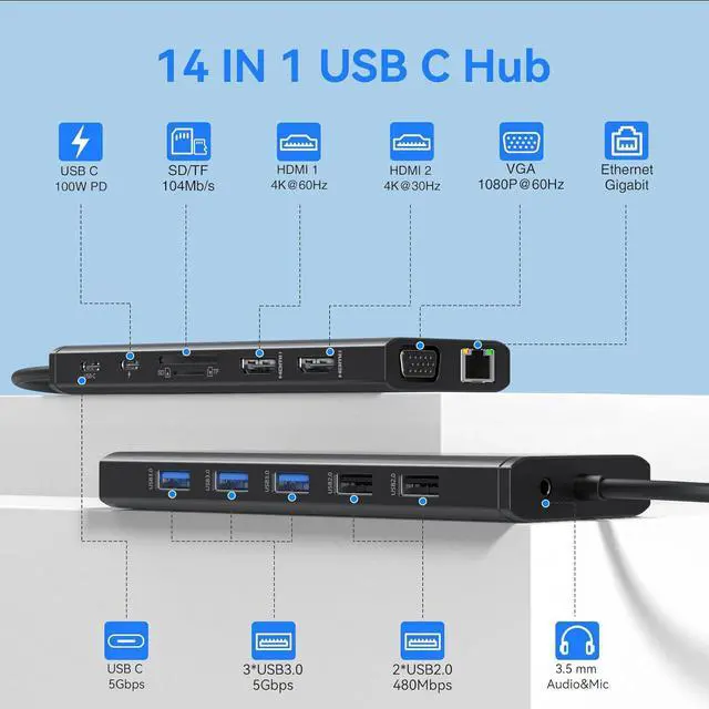 Alt view image 2 of 7 - USB C Docking Station Dual Monitor for /HP//Surface Laptop 14 in 1 Triple Display Hub Multiple Adapter Dongle with 2 HDMI 4K VGA 5 Port 100W PD Charger Ethernet SD/TF Audio(Black)