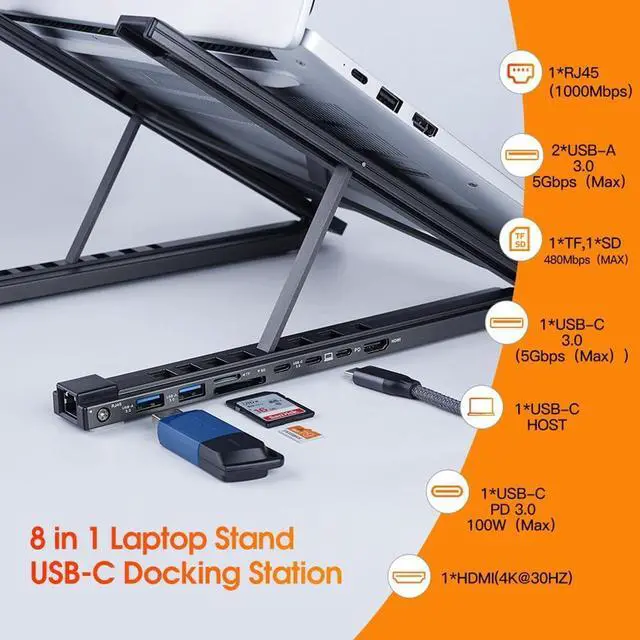 Alt view image 3 of 7 - 8-in-1 USB-C Laptop Stand, 2025 New Upgraded Laptop Stand Docking Station, 4K HDMI Output, Ergonomic Elevation with 8 Essential Ports, 5Gbps USB-A & USB-C Ports (5 in 1)