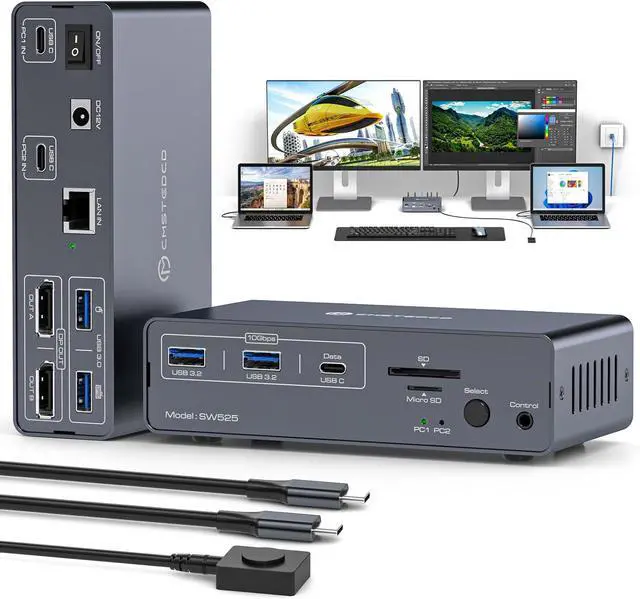 Main image of USB C Docking Station Displayport KVM Switch 2 Monitors 2 Computers Display Port 4K@120Hz KVM Switches Dual Monitor Extended Display for 2 Laptops Share 12 in 1 Dock Station