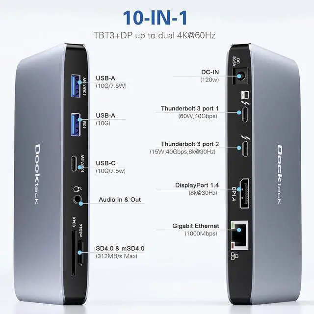 Alt view image 2 of 7 - USB C HUB Dual HDMI, Dock with 2 * K@60Hz Monitor, Dockteck Laptop Docking Station with 60W Charging, 2 Thunderbolt 3, 8K, 2 USB A 10G, USB C Gen 2, UHS-II SD/TF, Audio, RJ45- Mac&Windows