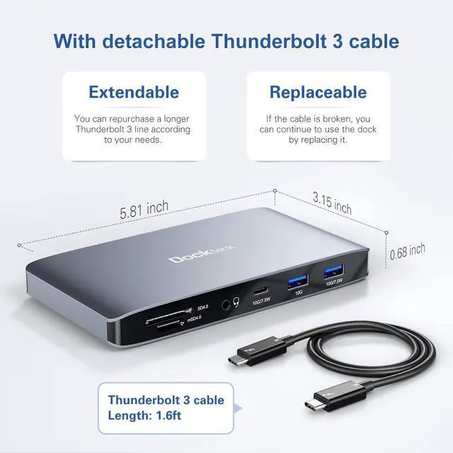 Alt view image 6 of 7 - USB C HUB Dual HDMI, Dock with 2 * K@60Hz Monitor, Dockteck Laptop Docking Station with 60W Charging, 2 Thunderbolt 3, 8K, 2 USB A 10G, USB C Gen 2, UHS-II SD/TF, Audio, RJ45- Mac&Windows