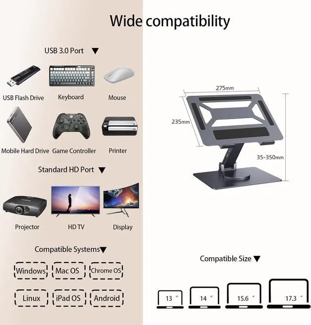Alt view image 3 of 7 - 7 in 1 Laptop Docking Station Stand Detachable USB C Hub, 4K HDMI, 2 USB 3.0, RJ45, PD 3.0 Universal Laptop Stand with 360-degree Swivel Stand