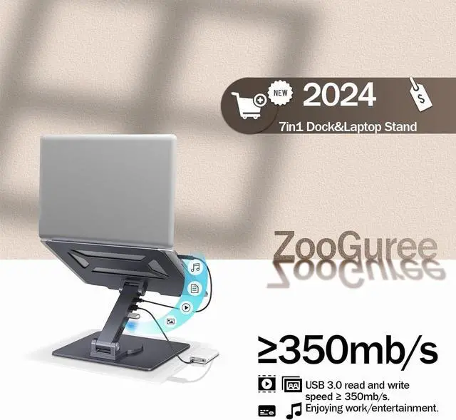 Alt view image 6 of 7 - 7 in 1 Laptop Docking Station Stand Detachable USB C Hub, 4K HDMI, 2 USB 3.0, RJ45, PD 3.0 Universal Laptop Stand with 360-degree Swivel Stand