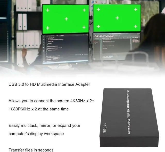 Alt view image 4 of 7 - USB 3.0 to Quad HDMI Adapter, USB 3.0 to HDMI Hub Adapter Replacement, 4K30Hz X 2 1080P 60Hz X 2 4 Ports Docking Station (US Plug)