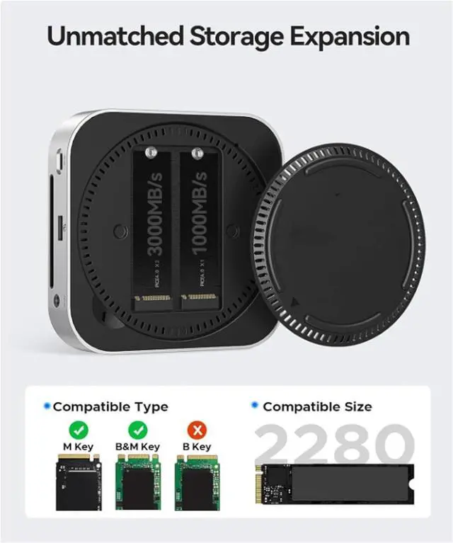 Alt view image 5 of 7 - Mini Dock with Dual M.2 SSD Slots, 40Gbps Thunderbolt 4 Hub, 8TB Storage for NVMe PCIe 4.0, 3x10Gbps USB A Ports, SD Card Reader, Aluminum Stand Base & Cooling Kit (US)