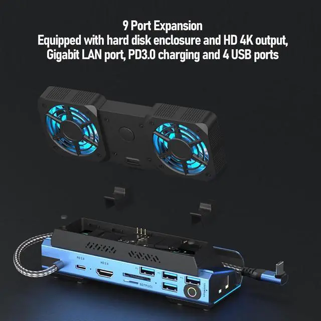 Alt view image 2 of 7 - 9 in 1 Docking Station for Steam Deck, HDMI 4K 60Hz Gigabit Ethernet Handheld Gaming Console Dock with Dual Cooling Fan, 4 USB 3.0 Ports 100W Power Output