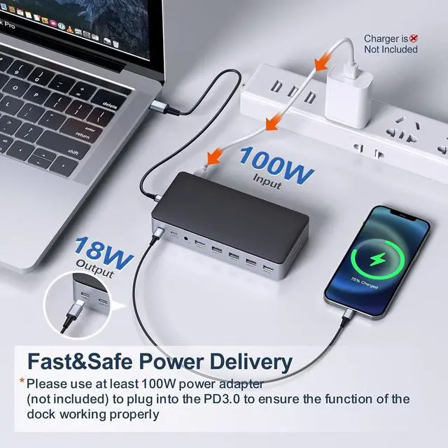 Alt view image 3 of 7 - USB C Docking Station Dual Monitor, 16 in 1 Multiport Adapter Hub with Triple Display (2 HDMI, DP, VGA, 2 PD 100W & 18W, RJ45, USB C&A, SD/TF, Mic/Audio)
