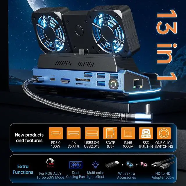 Alt view image 2 of 6 - Detachable Dual Cooling Fans 15 in 1 Steam Deck Docking Station with 4K@60Hz 4 USB Ports,1000Mbps,SD/TF Slot,USB-C 100W PD,HD2.0 40Gbps Adapter for Steam Deck/Rog Ally/Switch/Legion Go