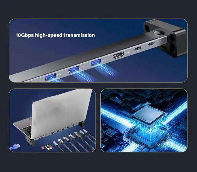 Alt view image 3 of 7 - 9 Port USB C Adapter for EFFICIENT Connection with Rj45 Ethernet 1000Mbps PD100W 4K60hz Video and Memory Card Slots