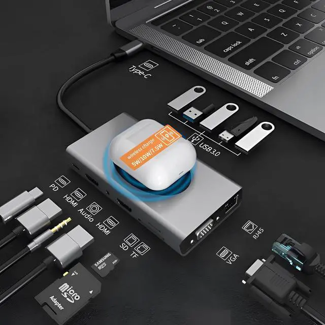 Alt view image 2 of 6 - FixtureDisplays® 14 in 1 USB C Docking Station Dual Monitor Triple Display USB C Hub Multiple Adapter with 2 HDMI, 5 USB 3.0, Audio, SD/TF Card Reader, PD,VGA,RJ45 15794-NPF