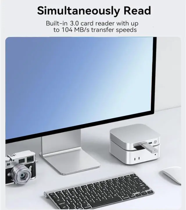 Alt view image 5 of 7 - Mini M4 Hub & Stand M.2 NVMe SSD Enclosure, 2x10G USB A Ports, 2x4.8G USB A Ports, USB C Charging, 3.5MM Earphone Jack, Aluminum (US Plug)