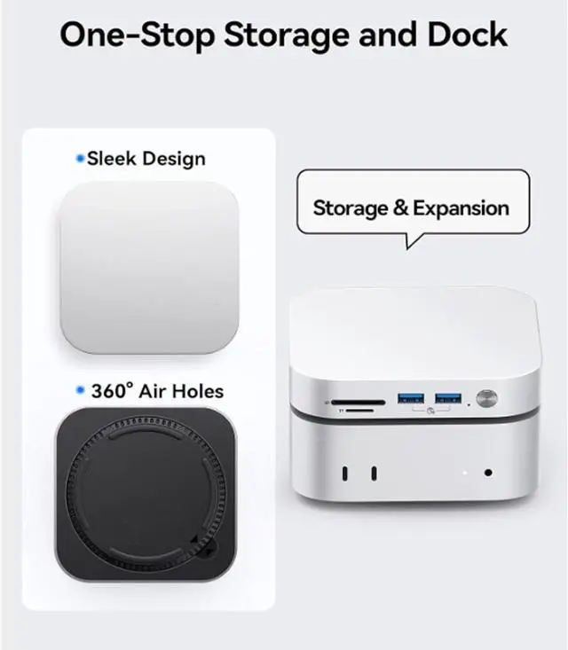 Alt view image 4 of 7 - Mini M4 Hub & Stand M.2 NVMe SSD Enclosure, 2x10G USB A Ports, 2x4.8G USB A Ports, USB C Charging, 3.5MM Earphone Jack, Aluminum (US Plug)
