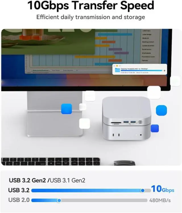 Alt view image 6 of 7 - Mini M4 Hub & Stand M.2 NVMe SSD Enclosure, 2x10G USB A Ports, 2x4.8G USB A Ports, USB C Charging, 3.5MM Earphone Jack, Aluminum (US Plug)