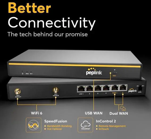 Alt view image 7 of 7 - Peplink B-One Gigabit Dual WAN WiFi Router for Wireless Internet | 1GBps Throughput | 2X WAN Port, 4X LAN Port, Dual-Band 2X2 MIMO Wi-Fi | WAN Smoothing for Small Office & Home Connectivity