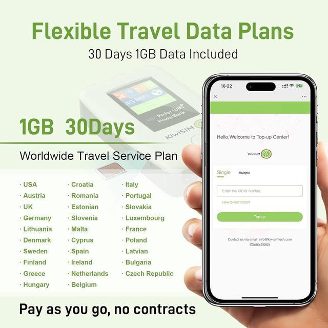 Alt view image 6 of 7 - 4G LTE Portable Mobile Hotspot WiFi - Pocket WiFi with 1GB Data, Hotspot Router & Power Bank 6000mAh, No Contract or SIM Card Required,10 Connected Devices, Ideal for Travel in The US & Europe