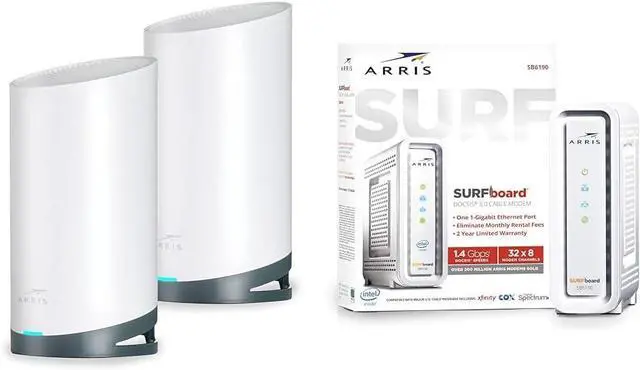 Main image of ARRIS Surfboard SB6190 DOCSIS 3.0 White Modem & Arris Mesh Tri-Band Router System Bundle (WiFi 5, AC3800, WiFi Coverage up to 5,500 sq ft) | Mesh with Your Cable Internet