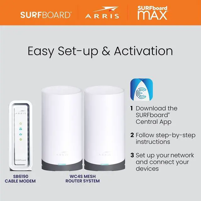 Alt view image 6 of 7 - ARRIS Surfboard SB6190 DOCSIS 3.0 White Modem & Arris Mesh Tri-Band Router System Bundle (WiFi 5, AC3800, WiFi Coverage up to 5,500 sq ft) | Mesh with Your Cable Internet