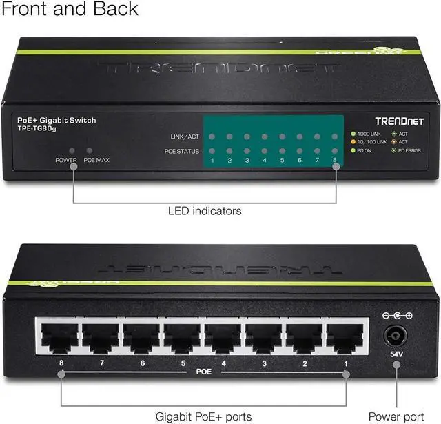 Alt view image 2 of 5 - TRENDnet 8-Port Gigabit PoE+ Switch, TPE-TG80G, 8 x Gigabit PoE+ Ports, 123W PoE Power Budget, 16 Gbps, Ethernet Splitter, NDAA & TAA Compliant, Metal, Lifetime Protection, Black