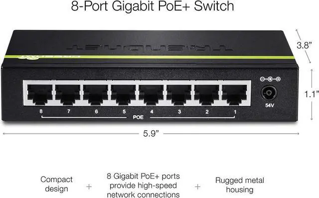Alt view image 3 of 5 - TRENDnet 8-Port Gigabit PoE+ Switch, TPE-TG80G, 8 x Gigabit PoE+ Ports, 123W PoE Power Budget, 16 Gbps, Ethernet Splitter, NDAA & TAA Compliant, Metal, Lifetime Protection, Black