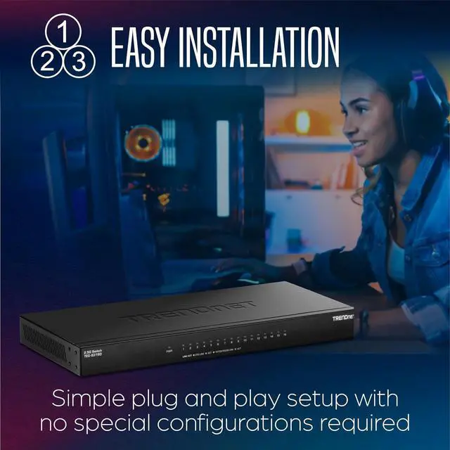 Alt view image 2 of 7 - TRENDnet 16-Port Unmanaged 2.5G Desktop Network Ethernet Switch, TEG-S3160, 16 x 2.5Gb RJ-45 Ports, 80Gbps Switching Capacity, Ethernet Splitter, NDAA & TAA Compliant, Lifetime Protection, Black