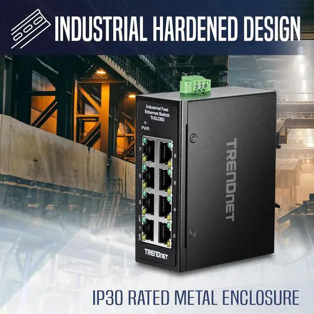 Alt view image 4 of 7 - TRENDnet 8-Port Industrial Fast Ethernet DIN-Rail Mini Switch, TI-ELC80, 8 x 10/100Mbps Ports, IP30 Rated Housing, 1Gbps Switching Capacity, Black