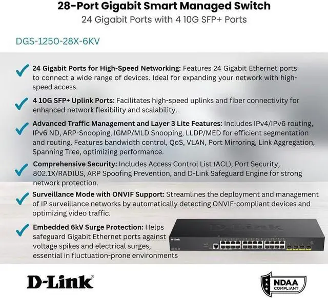 Alt view image 2 of 7 - D-Link 28-Port Gigabit Smart Managed Switch | 24 Gigabit Ports + 4 10G SFP+ Ports| L2+/L3 Lite |VLANs |Web Managed |Surveillance Mode | Rackmount | NDAA Compliant (DGS-1250-28X-6KV)
