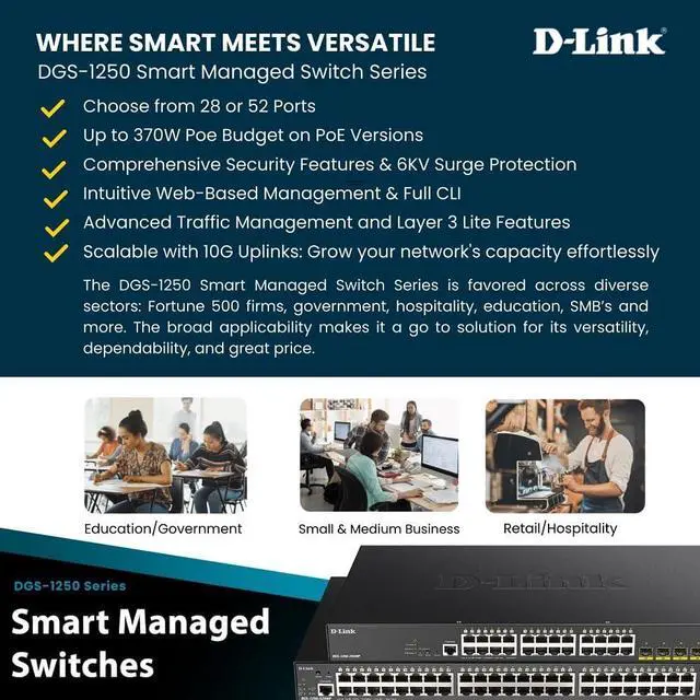 Alt view image 3 of 7 - D-Link 28-Port Gigabit Smart Managed Switch | 24 Gigabit Ports + 4 10G SFP+ Ports| L2+/L3 Lite |VLANs |Web Managed |Surveillance Mode | Rackmount | NDAA Compliant (DGS-1250-28X-6KV)