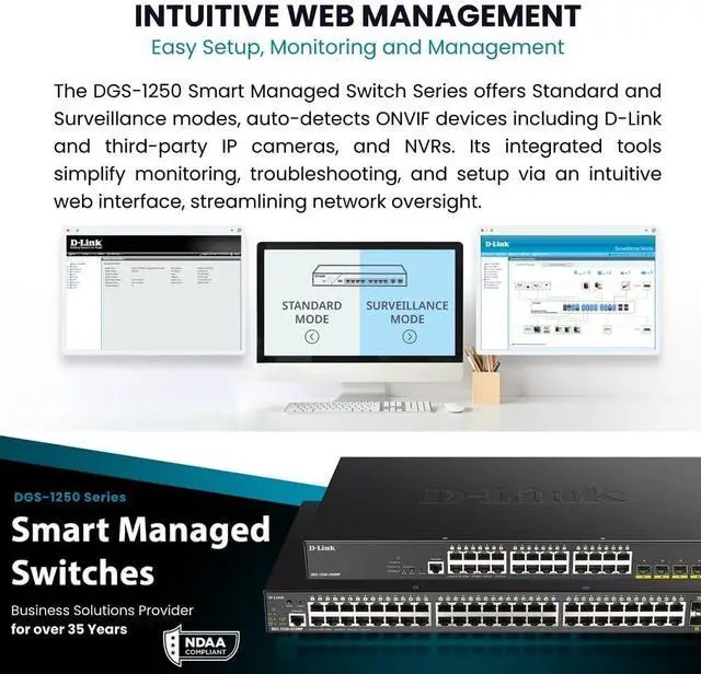 Alt view image 5 of 7 - D-Link 28-Port Gigabit Smart Managed Switch | 24 Gigabit Ports + 4 10G SFP+ Ports| L2+/L3 Lite |VLANs |Web Managed |Surveillance Mode | Rackmount | NDAA Compliant (DGS-1250-28X-6KV)