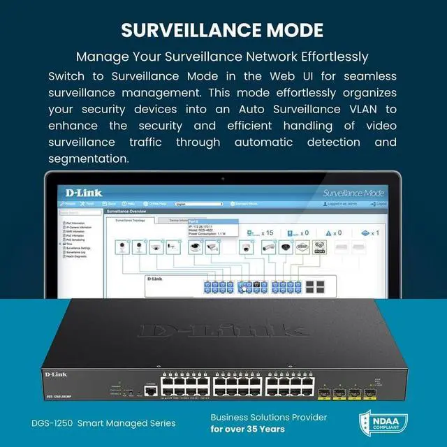 Alt view image 6 of 7 - D-Link 28-Port Gigabit Smart Managed Switch | 24 Gigabit Ports + 4 10G SFP+ Ports| L2+/L3 Lite |VLANs |Web Managed |Surveillance Mode | Rackmount | NDAA Compliant (DGS-1250-28X-6KV)