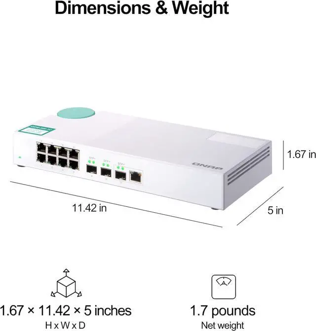 Alt view image 3 of 6 - QNAP QSW-308-1C 10GbE Switch, with 3-Port 10G SFP+ (One 10GbE SFP+/RJ45 Combo Port) and 8-Port Gigabit Unmanaged Switch