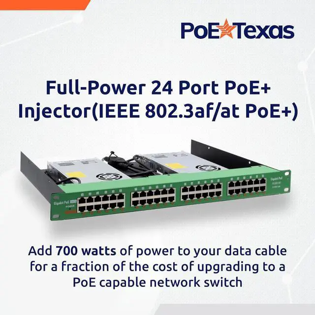 Alt view image 2 of 6 - PoE Texas 24 Multi Port IEEE 802.3at PoE+ Injector - Full Power On Every Port - 700W Total - 10/100/1000 Gigabit Data Rate - Active Injector for WiFi Access Points, PTZ Cameras