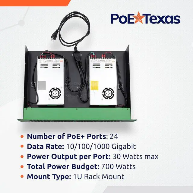 Alt view image 4 of 6 - PoE Texas 24 Multi Port IEEE 802.3at PoE+ Injector - Full Power On Every Port - 700W Total - 10/100/1000 Gigabit Data Rate - Active Injector for WiFi Access Points, PTZ Cameras