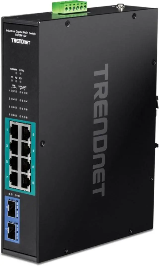 Main image of TRENDnet 10-Port Industrial Gigabit PoE+ Switch, WideTemperature Range -20°  65°C (-4°  149°F), DIN Rail Switch, 50-55V DC, 8 x Gigabit PoE+ Ports, 2 x Gigabit SFP Slots, TI-PGM102, Black