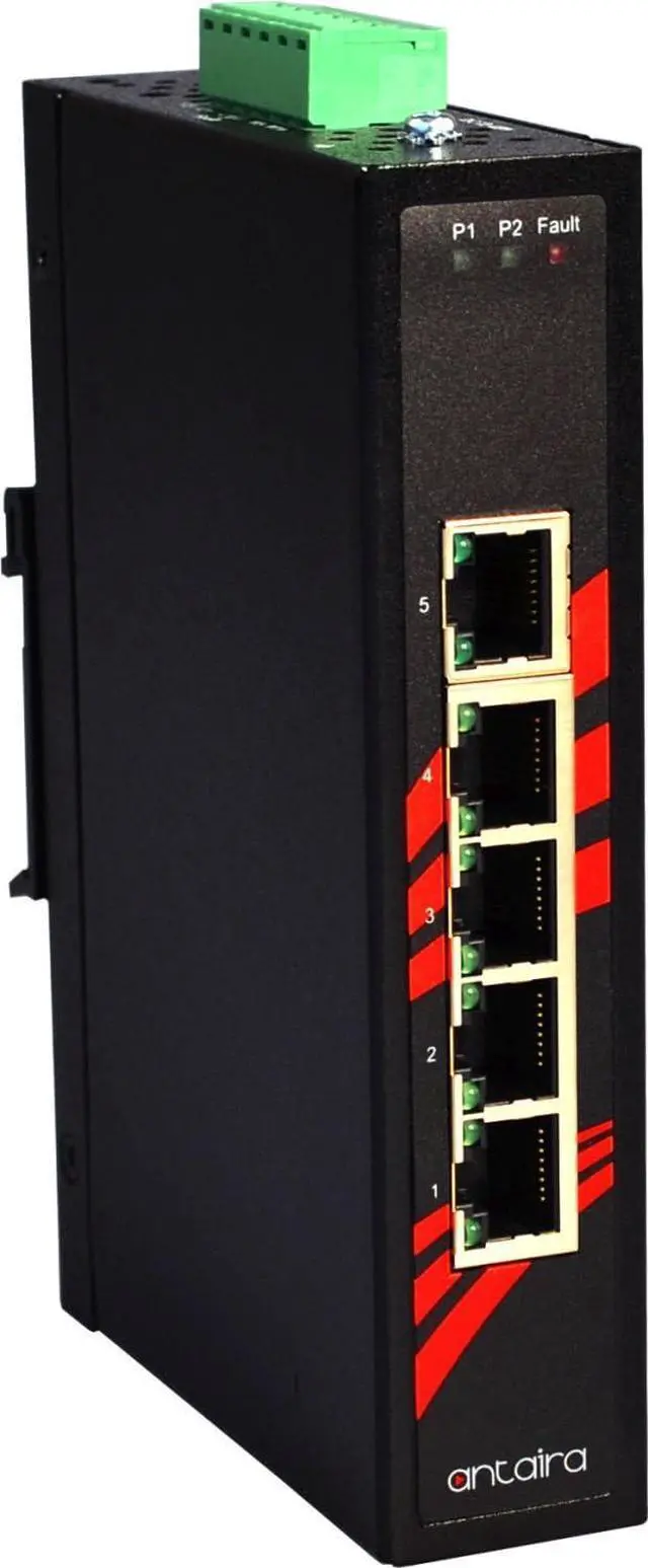 Main image of Antaira LNX-500AG Industrial-Grade 5-Port Unmanaged Gigabit Ethernet Switch, DIN-Rail Mount, -10 to 70°C Operating Temperature, Redundant 12 to 48 VDC Power Input