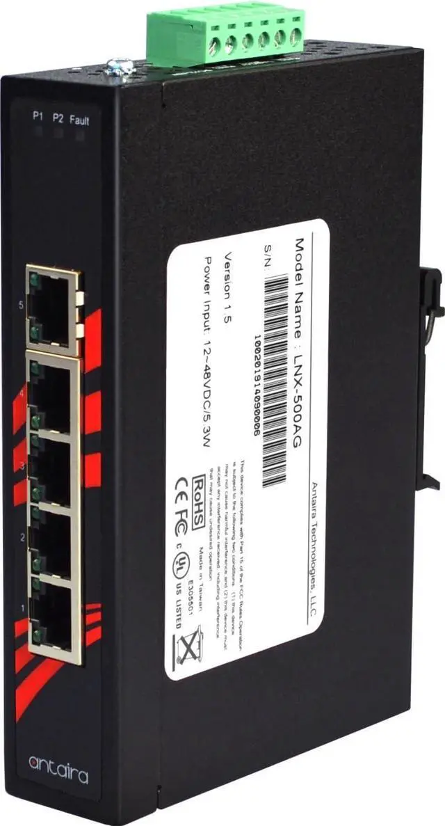 Alt view image 2 of 5 - Antaira LNX-500AG Industrial-Grade 5-Port Unmanaged Gigabit Ethernet Switch, DIN-Rail Mount, -10 to 70°C Operating Temperature, Redundant 12 to 48 VDC Power Input