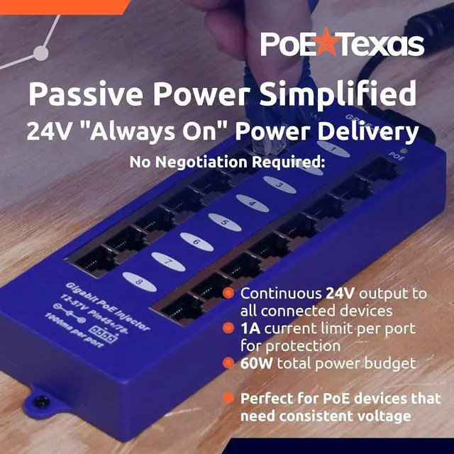 Alt view image 2 of 7 - PoE Texas 8 Port Gigabit Passive PoE Injector with 24V 60W Power Supply - Replace 8 Injectors with One Clean Installation - Wall Mount Injector for Ubiquiti UniFi, Mikrotik, IP Cameras, VOIP