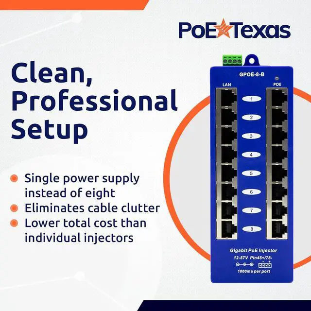 Alt view image 3 of 7 - PoE Texas 8 Port Gigabit Passive PoE Injector with 24V 60W Power Supply - Replace 8 Injectors with One Clean Installation - Wall Mount Injector for Ubiquiti UniFi, Mikrotik, IP Cameras, VOIP