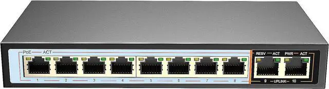 Main image of ENS 10 Ports PoE Switch, 8 PoE 120W, 100 Mbps 800 ft, Standard IEEE 802 3i/3u/3x/af/at Protocol, 30W max Power Every Single Port, Extend Mode, Perfect for IP Camera System, Wireless AP, IP Phone