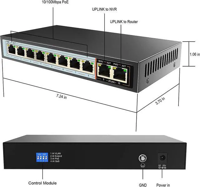 Alt view image 2 of 7 - ENS 10 Ports PoE Switch, 8 PoE 120W, 100 Mbps 800 ft, Standard IEEE 802 3i/3u/3x/af/at Protocol, 30W max Power Every Single Port, Extend Mode, Perfect for IP Camera System, Wireless AP, IP Phone