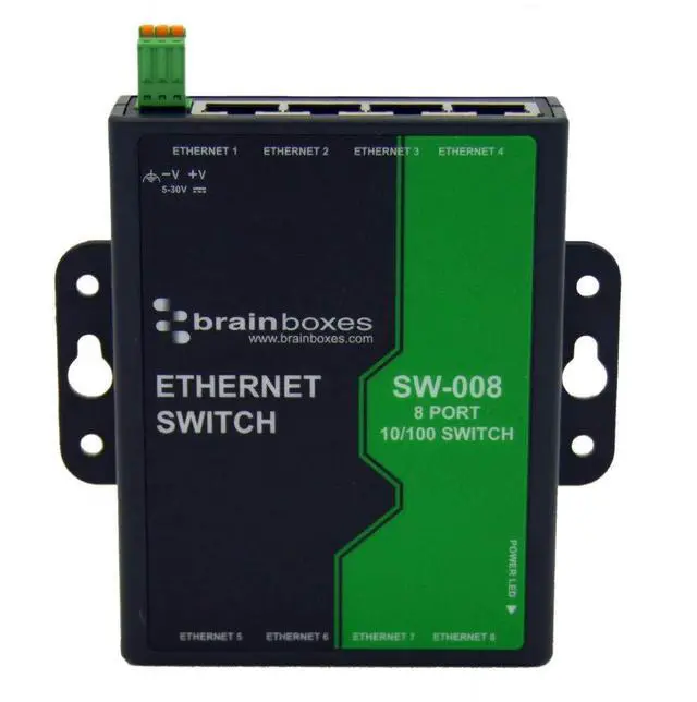 Main image of Brainboxes 8 Port Unmanaged Ethernet Switch Wall Mountable - 8 Ports - TAA Compliant - 2 Layer Supported - Twisted Pair - DIN Rail Mountable, Wall Mountable - Lifetime Limited Warranty