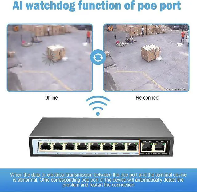 Alt view image 5 of 7 - ENS 10 Ports PoE Switch, 8 PoE 120W, 100 Mbps 800 ft, Standard IEEE 802 3i/3u/3x/af/at Protocol, 30W max Power Every Single Port, Extend Mode, Perfect for IP Camera System, Wireless AP, IP Phone