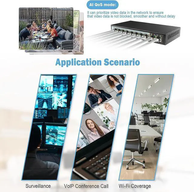 Alt view image 7 of 7 - ENS 10 Ports PoE Switch, 8 PoE 120W, 100 Mbps 800 ft, Standard IEEE 802 3i/3u/3x/af/at Protocol, 30W max Power Every Single Port, Extend Mode, Perfect for IP Camera System, Wireless AP, IP Phone