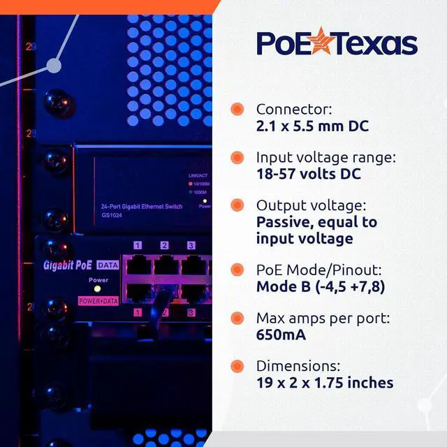 Alt view image 3 of 5 - PoE Texas 24 Port PoE Injector - Multi-Port PoE Gigabit Rack Mount Midspan for IP Cameras, WiFi AP, Add Power Over Ethernet to Non-PoE Switch or Network Router for Ubiquiti and Mikrotik Devices