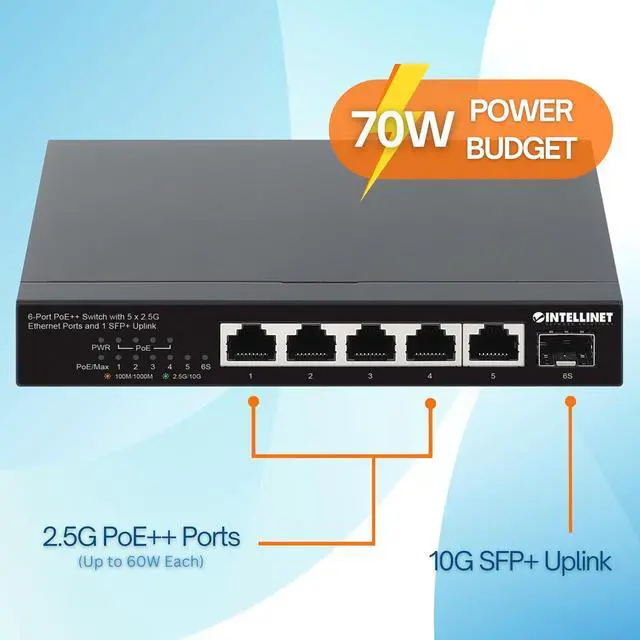 Alt view image 3 of 7 - Intellinet 6-Port PoE++ Switch: 5 x 2.5G Ethernet, 1 SFP+ Uplink, Ultra-Fast 2500 Mbps, 10G Capability, Power Over Ethernet, Compact & Silent Design - 562133
