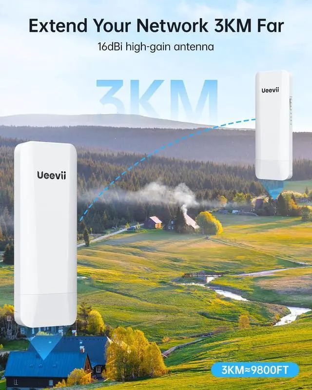 Alt view image 2 of 7 - Wireless Bridge Point to Point Outdoor: Ueevii 5.8GHz 3KM WiFi Bridge with Dual 100Mbps, Long Range CPE for Network Extend, PoE Adapter, IP65 Weatherproof, CPE453 for Starlink Garage Barn Shop