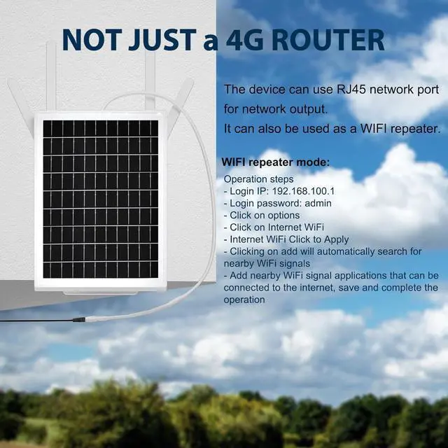 Alt view image 7 of 7 - 15W Solar Powered 4G LTE Modem Router, Outdoor Solar Powered WiFi Extender with SIM Card Slot, 50M WiFi Range, IP66 Waterproof, Long Endurance 24/7, 24000mAh Batteries