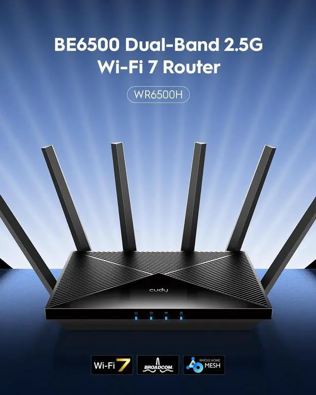 Alt view image 2 of 7 - Cudy BE6500 WiFi 7 Router Dual Band Gaming Router, 2.5G WAN Port, 6500Mbps, VPN Client and Server, Cudy APP Control, Broadcom 2 GHz Quad-Core CPU, WR6500H