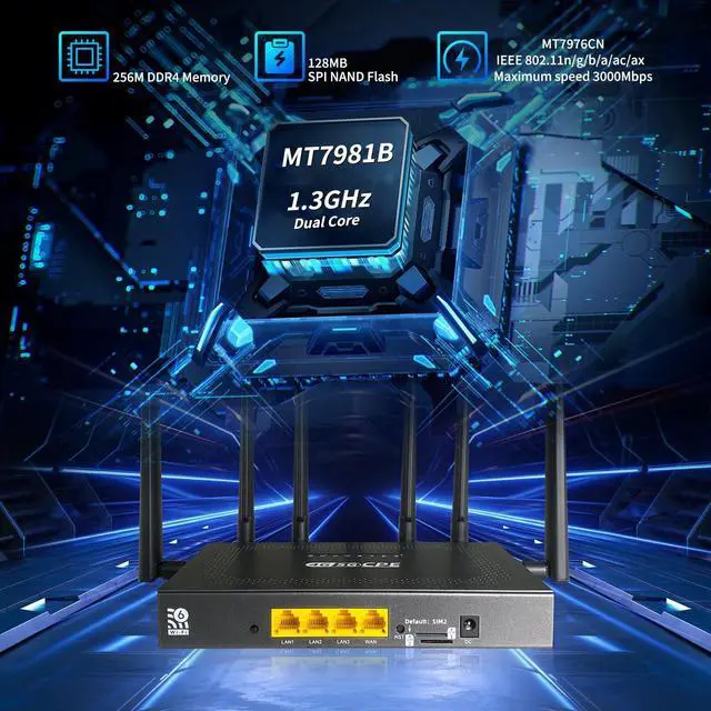 Alt view image 3 of 7 - 4G LTE CPE WiFi6 Cat4 Router, AX3000 Dual-Band Dual SIM Slots Cellular Router, 4 Gigabit Ports, with Industry Metal Housing, Z8105AX-T-EC25