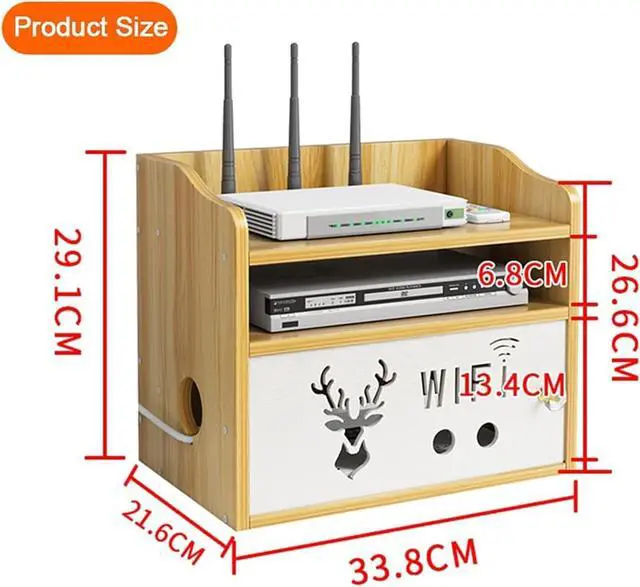 Alt view image 2 of 7 - WiFi Router Storage Boxes, Multifunction Set-top Box Rack WiFi Router Modem Cable Power Plug Wire Storage Boxes, Wooden Wireless WiFi Router Storage Box, Upper and Lower Design