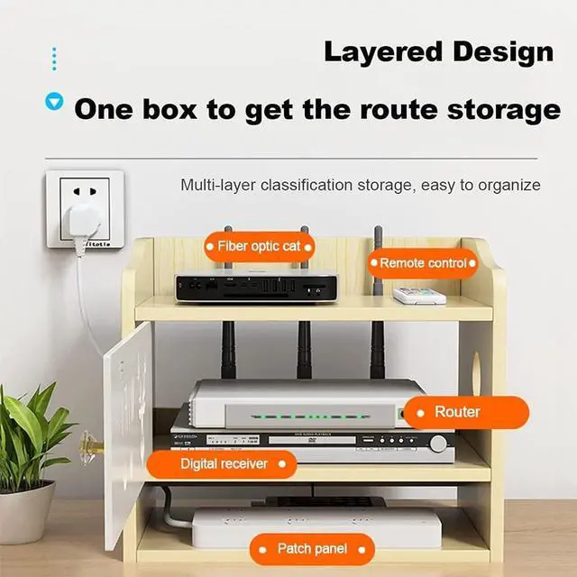Alt view image 3 of 7 - WiFi Router Storage Boxes, Multifunction Set-top Box Rack WiFi Router Modem Cable Power Plug Wire Storage Boxes, Wooden Wireless WiFi Router Storage Box, Upper and Lower Design
